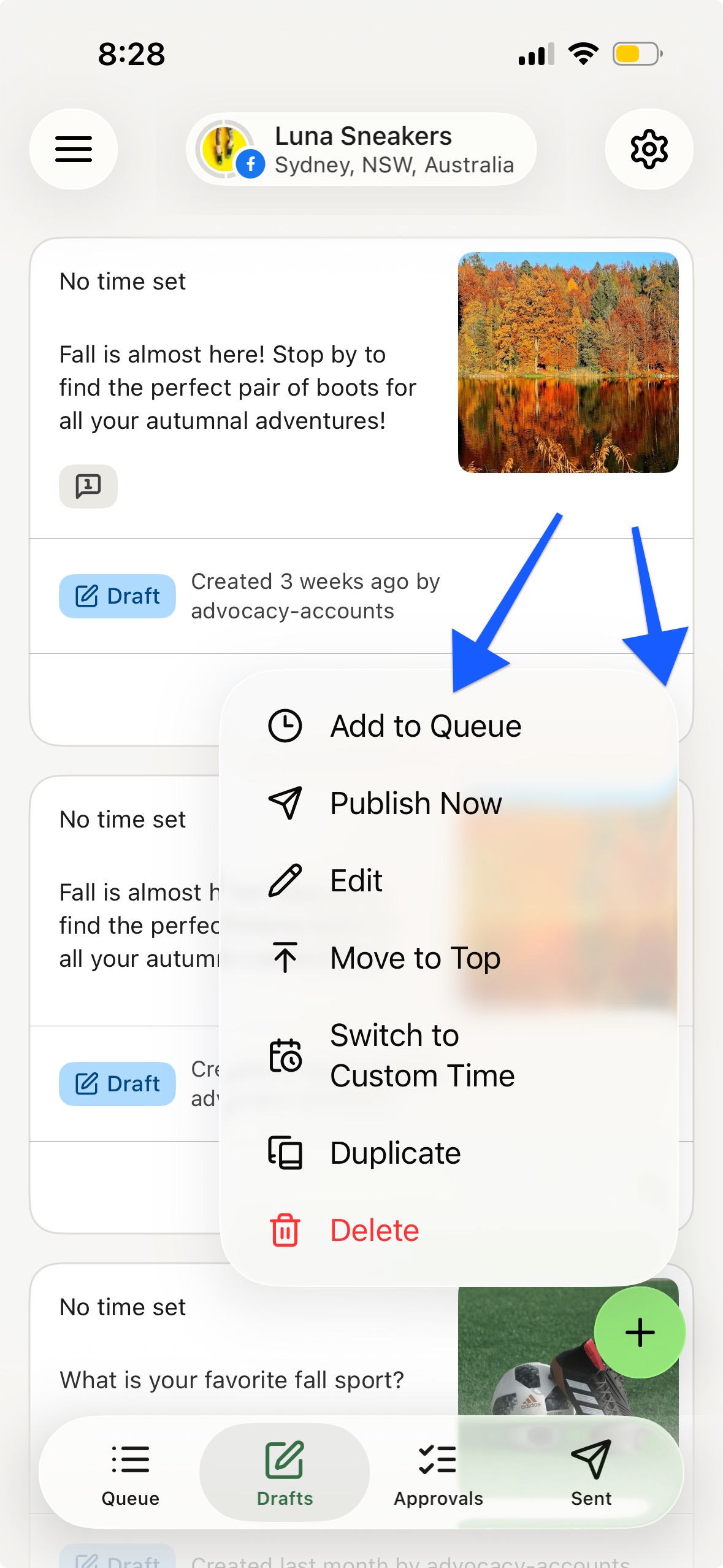 Buffer mobile app - Add to Queue on draft post