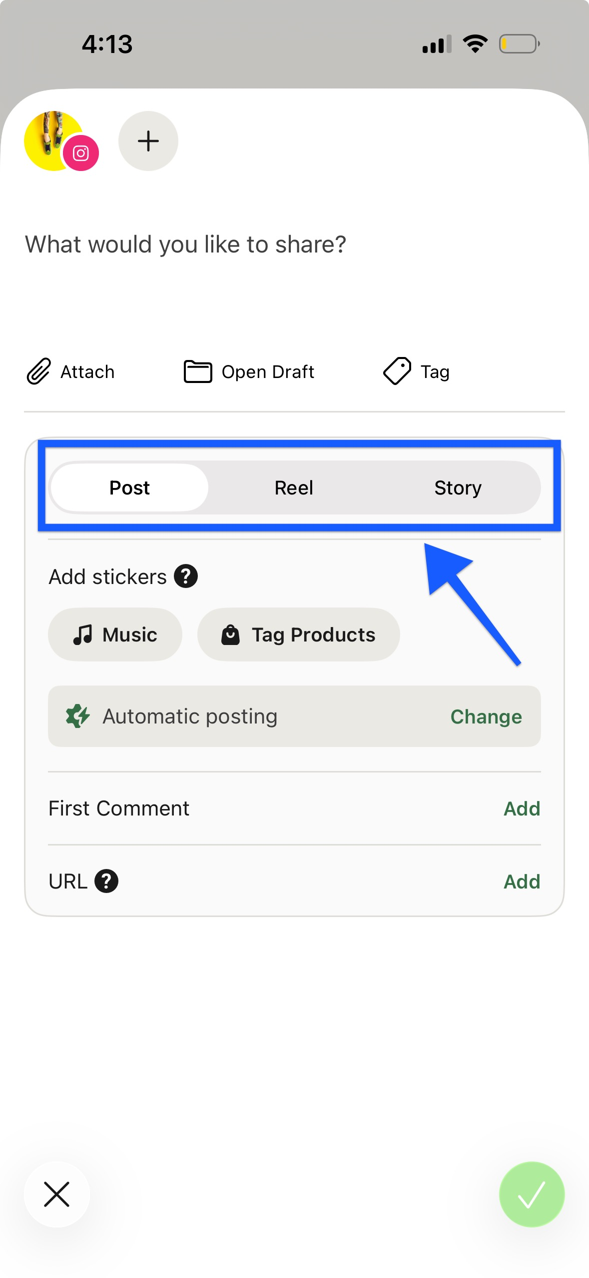 Buffer mobile app - choose Instagram post type