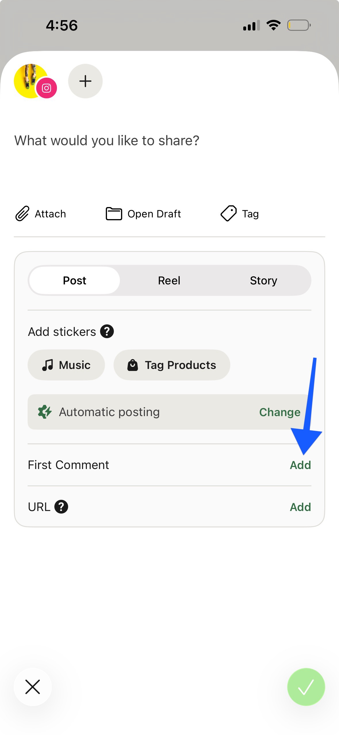 Buffer mobile app - Arrow pointing to Add first comment