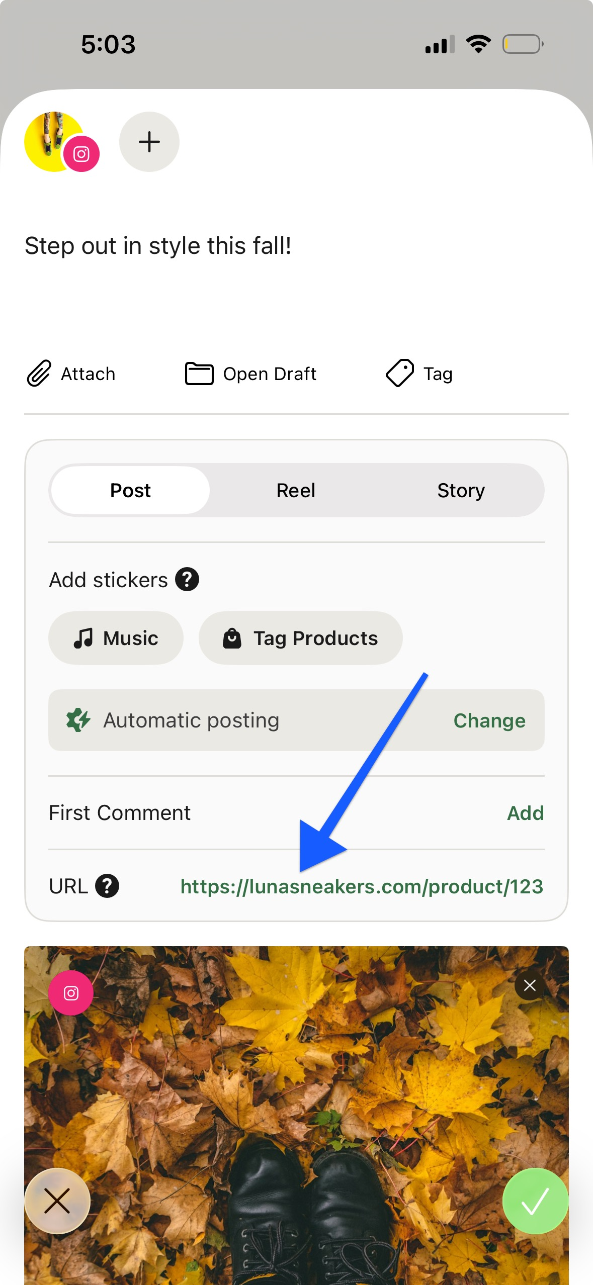 Buffer mobile app - arrow pointing to Instagram Shop Grid URL