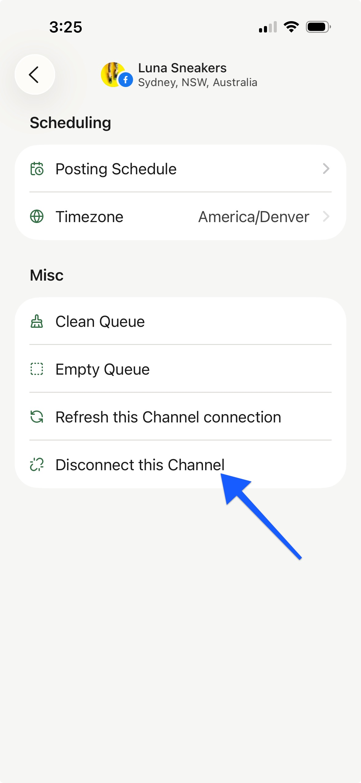 Buffer mobile app - arrow pointing to Disconnect this Channel