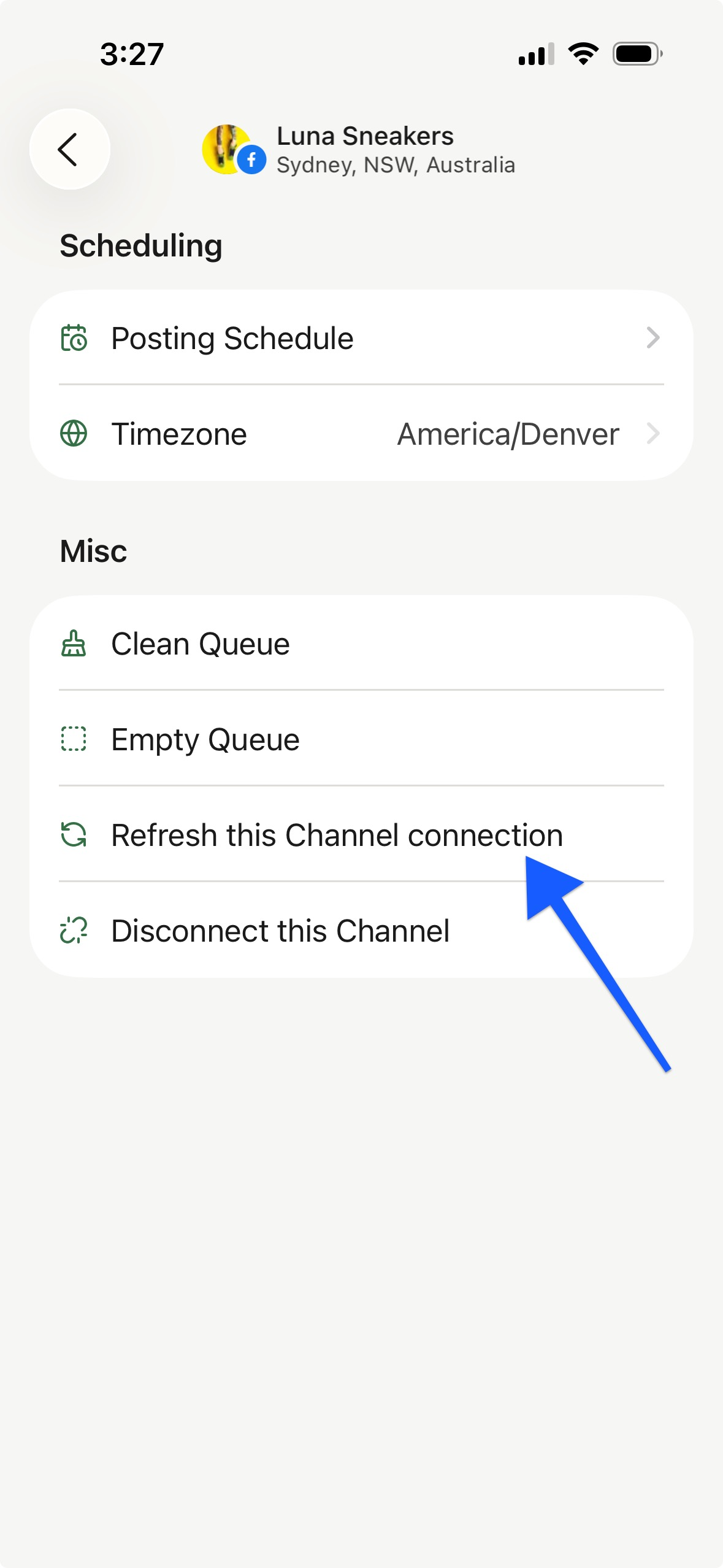 Buffer mobile app - arrow pointing to Refresh this Channel connection