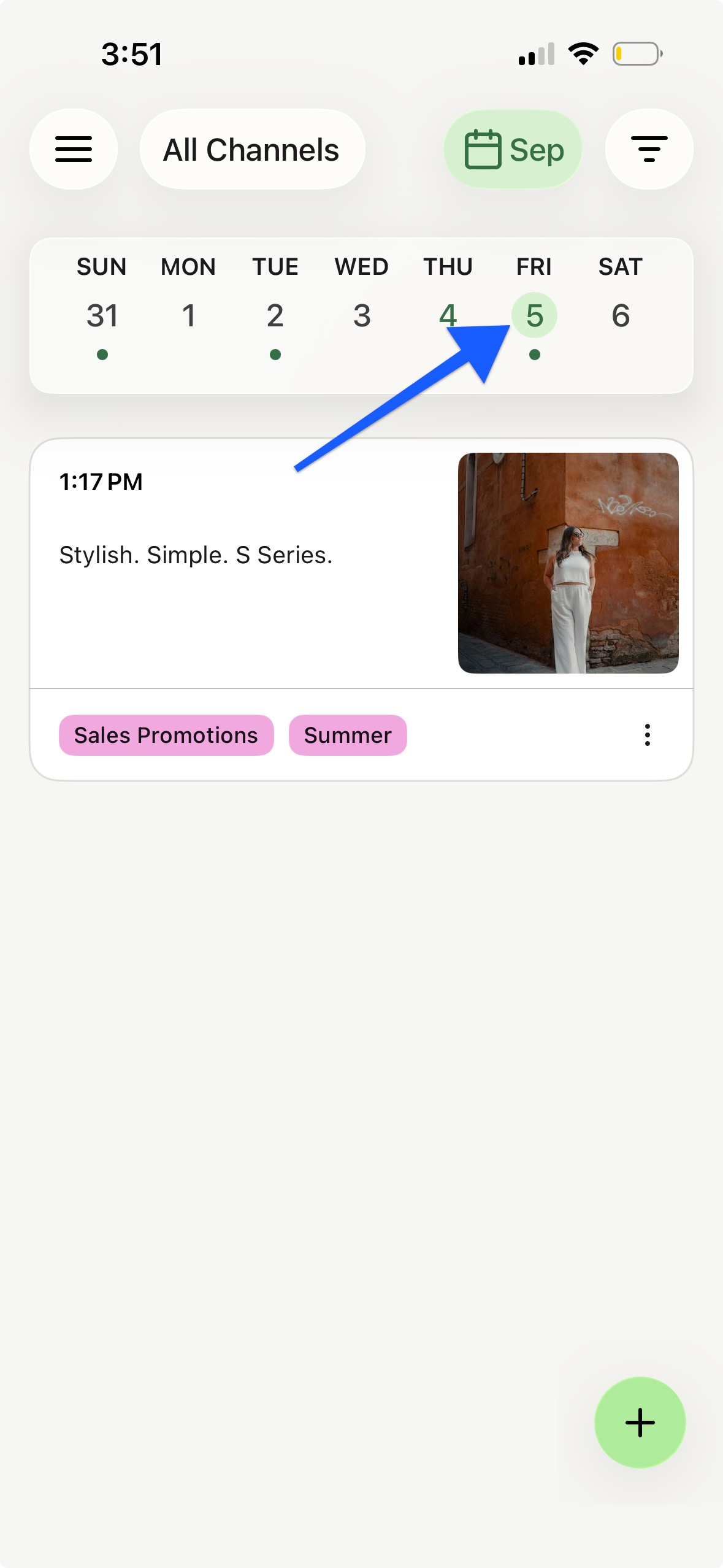 Buffer mobile app - arrow pointing to Sept 5th and a scheduled post for Sept 5th showing