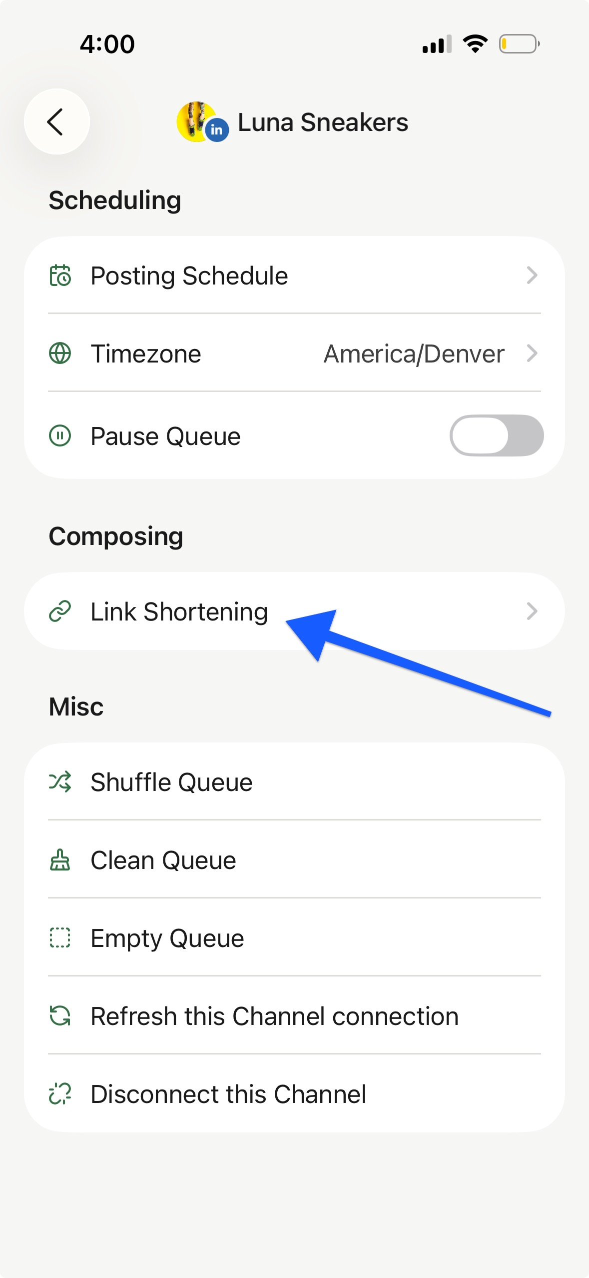 Buffer mobile app - No Shortening link shortening option