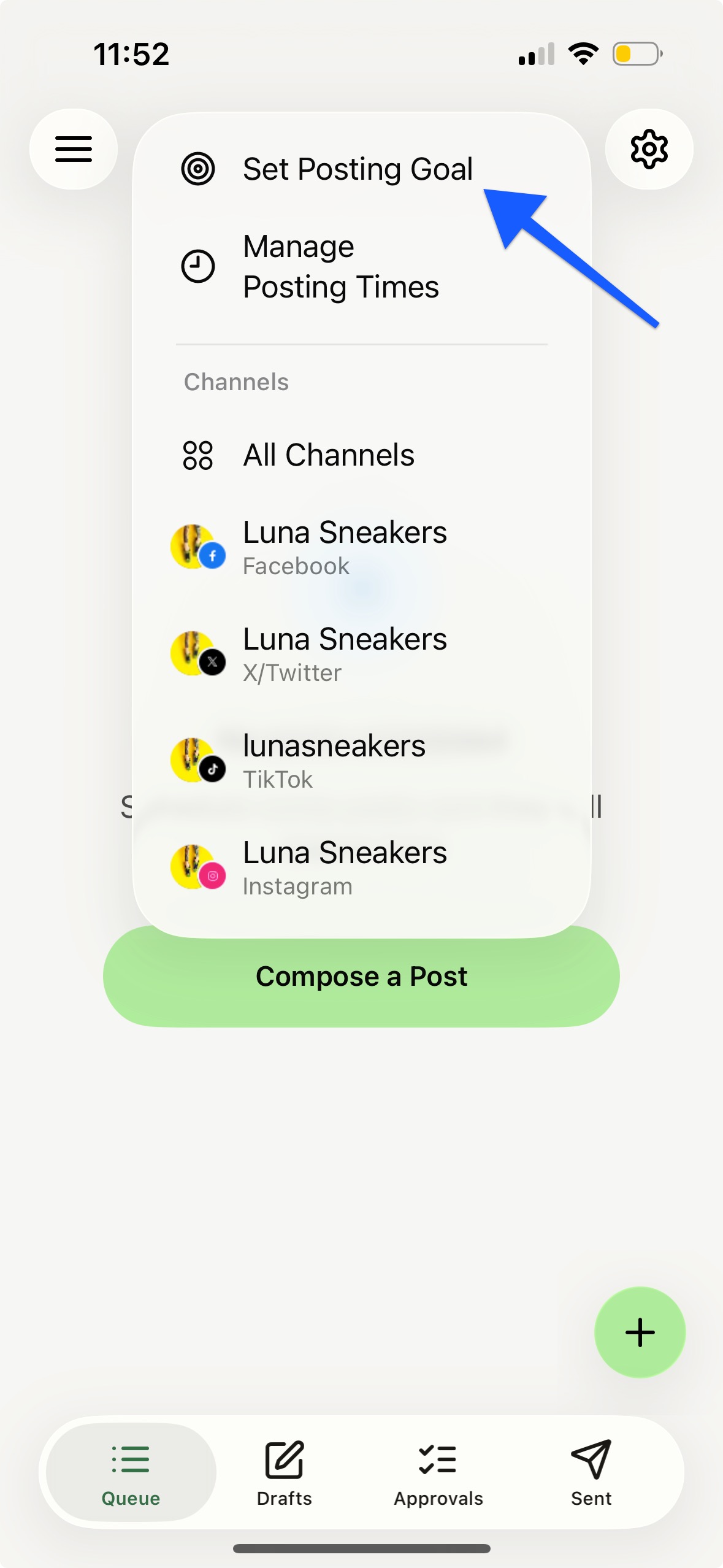 Buffer mobile app - Set Posting Goal option