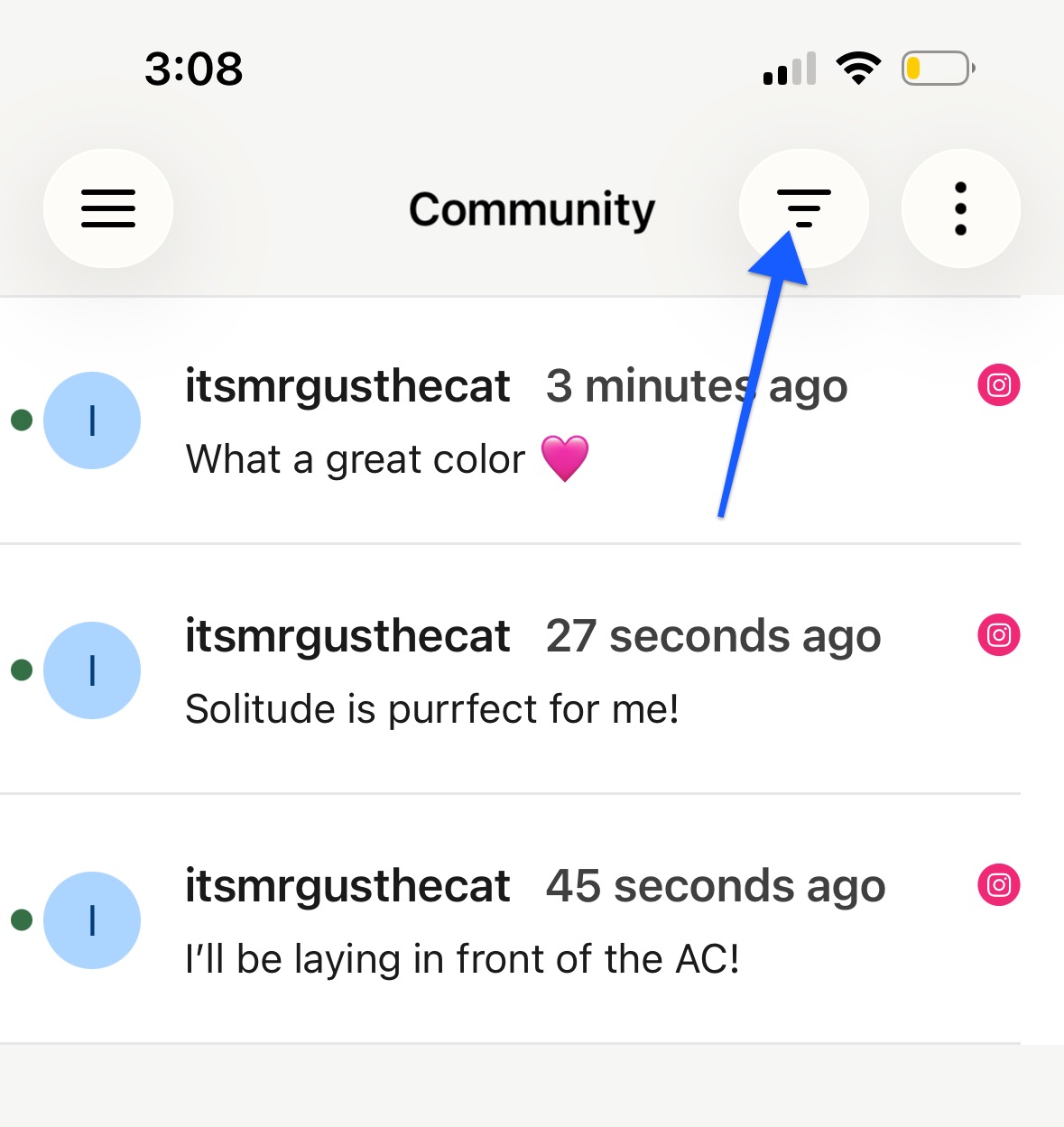 Buffer mobile app - Community home screen with arrow pointing to filtering menu
