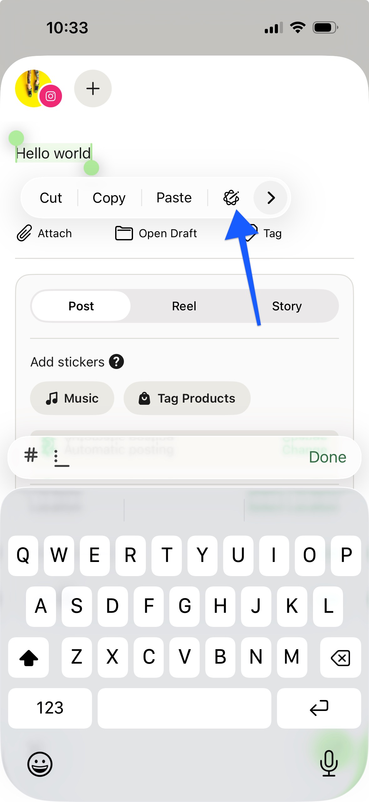 Buffer mobile app - Apple Writing Tools option when post caption text is selected