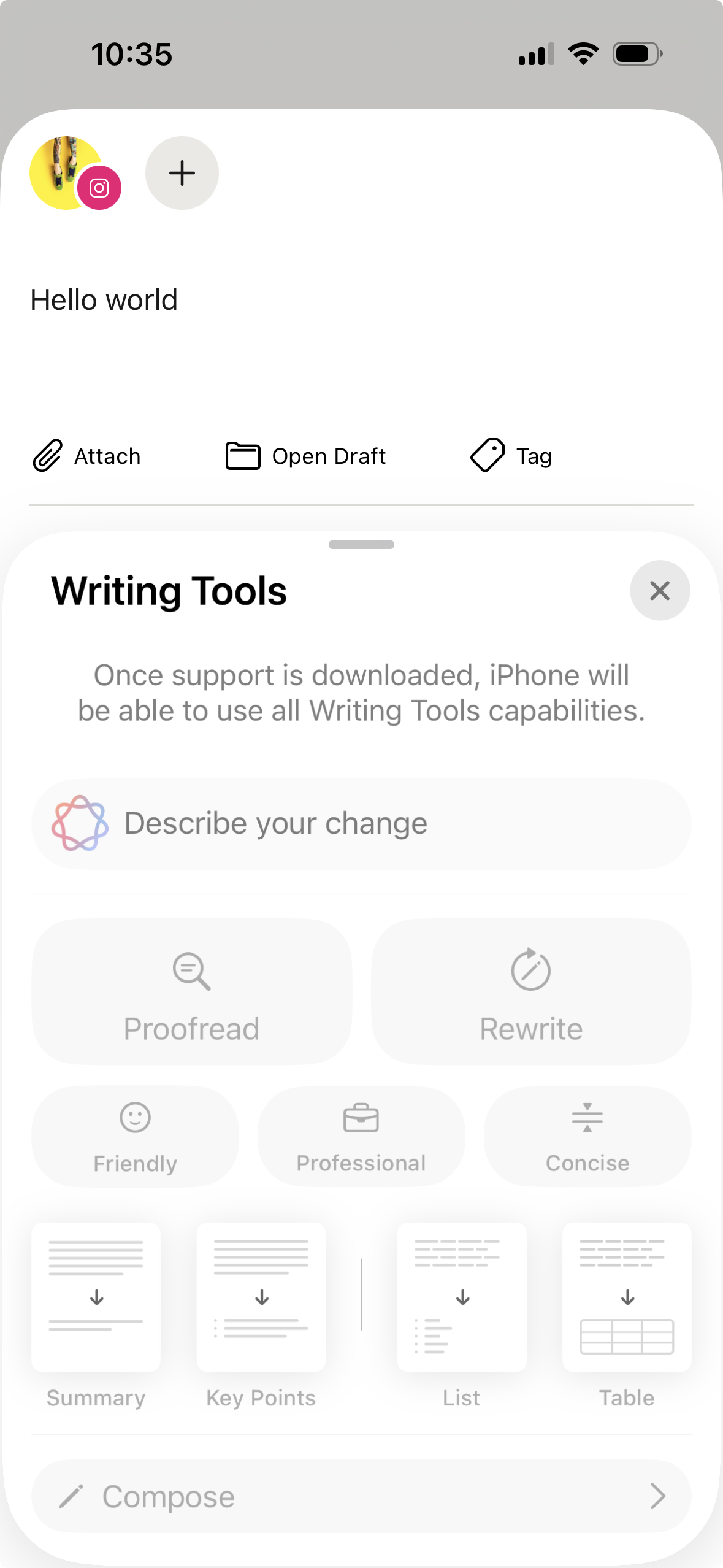 Buffer mobile app - Apple Writing Tools options 