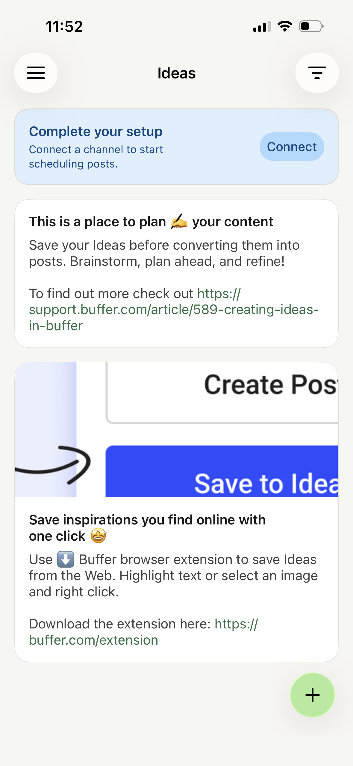 Buffer mobile app - Ideas area with a blue Connect button for connecting a channel