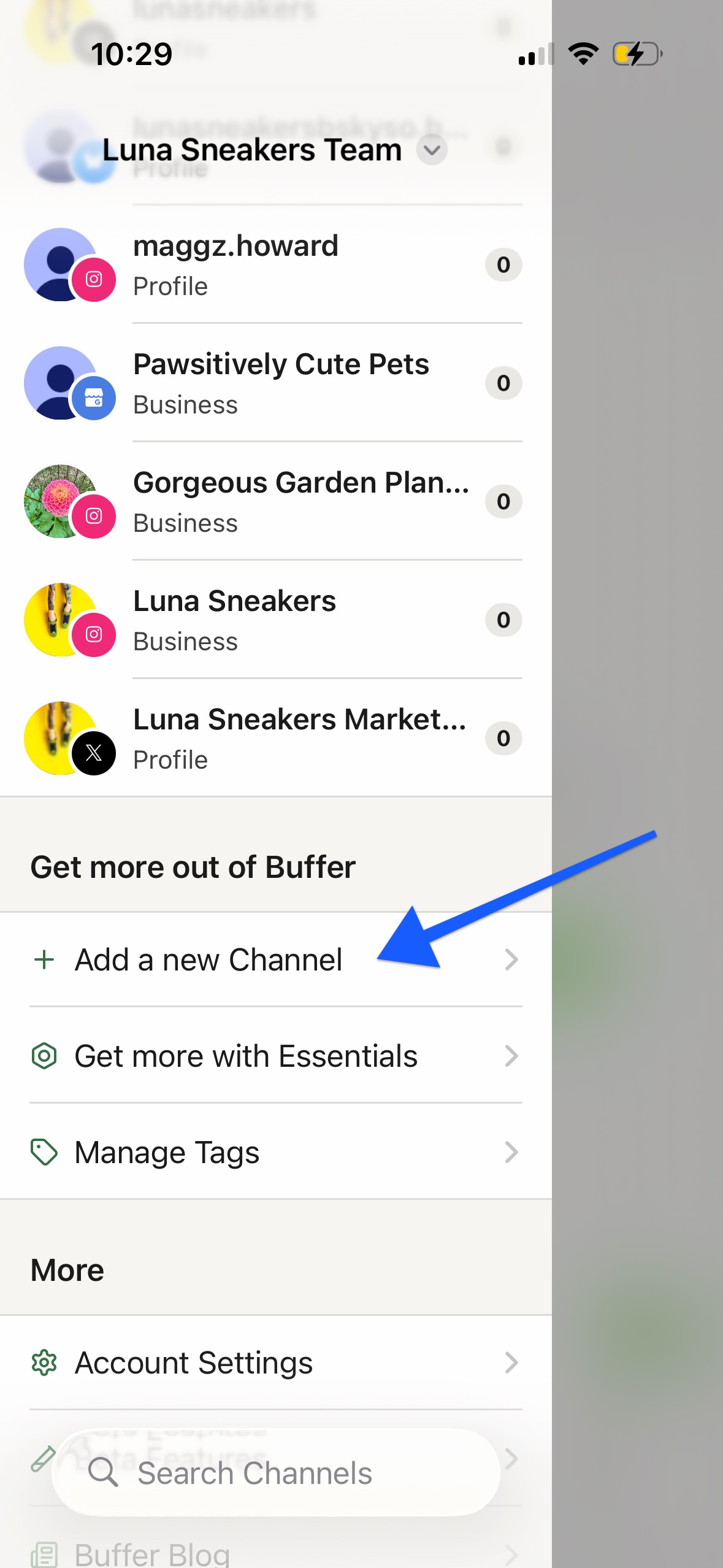 Buffer mobile app - Add a new channel button