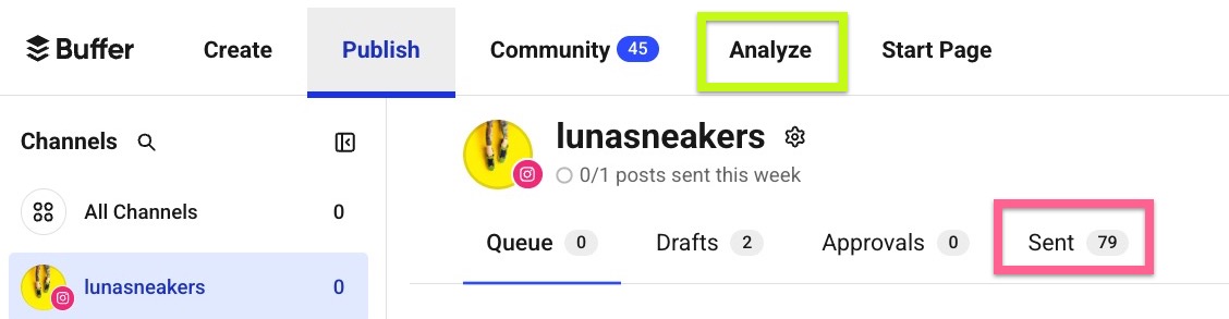 Buffer Publish - Analyze tab circled in green and Sent tab of Publish circled in pink