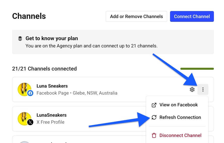 Buffer Publish - Refresh Connection on Channels page