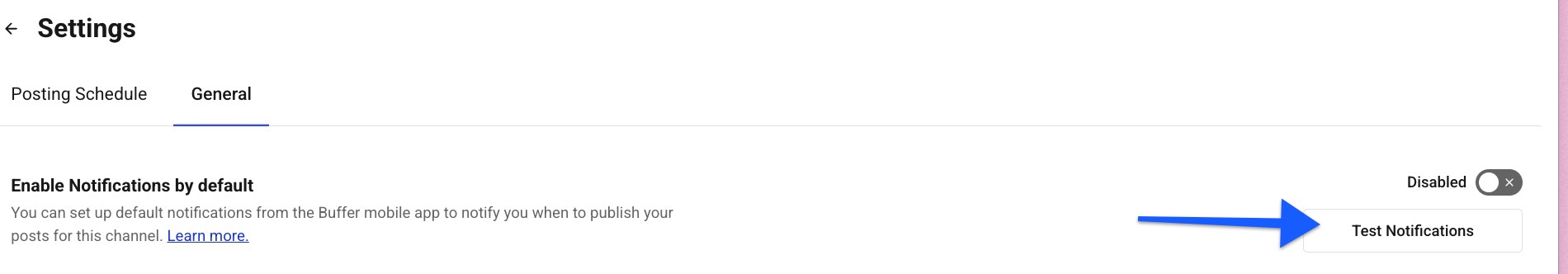 Buffer Publish - channel settings Test Notifications button