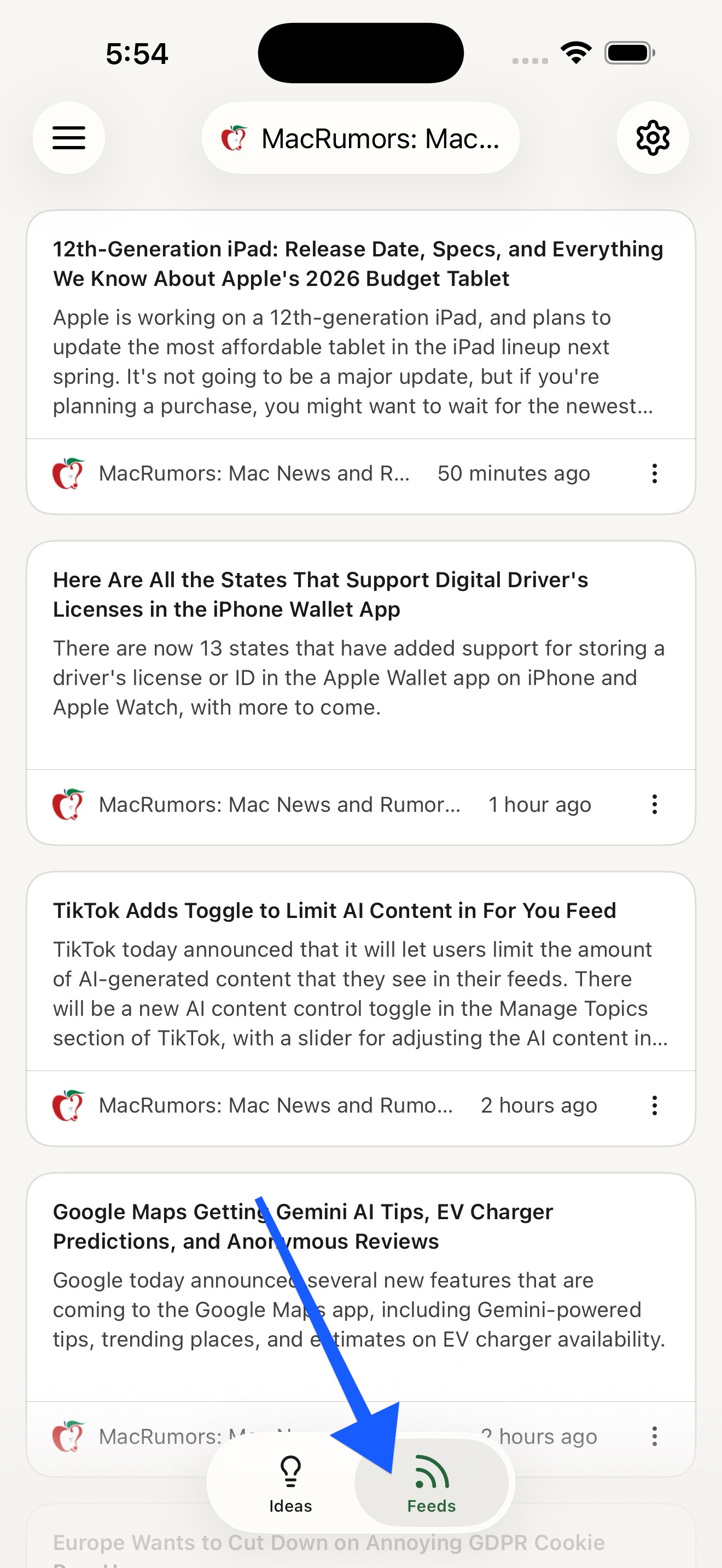 Buffer mobile app - image of Feeds toggle at the bottom of the iOS app