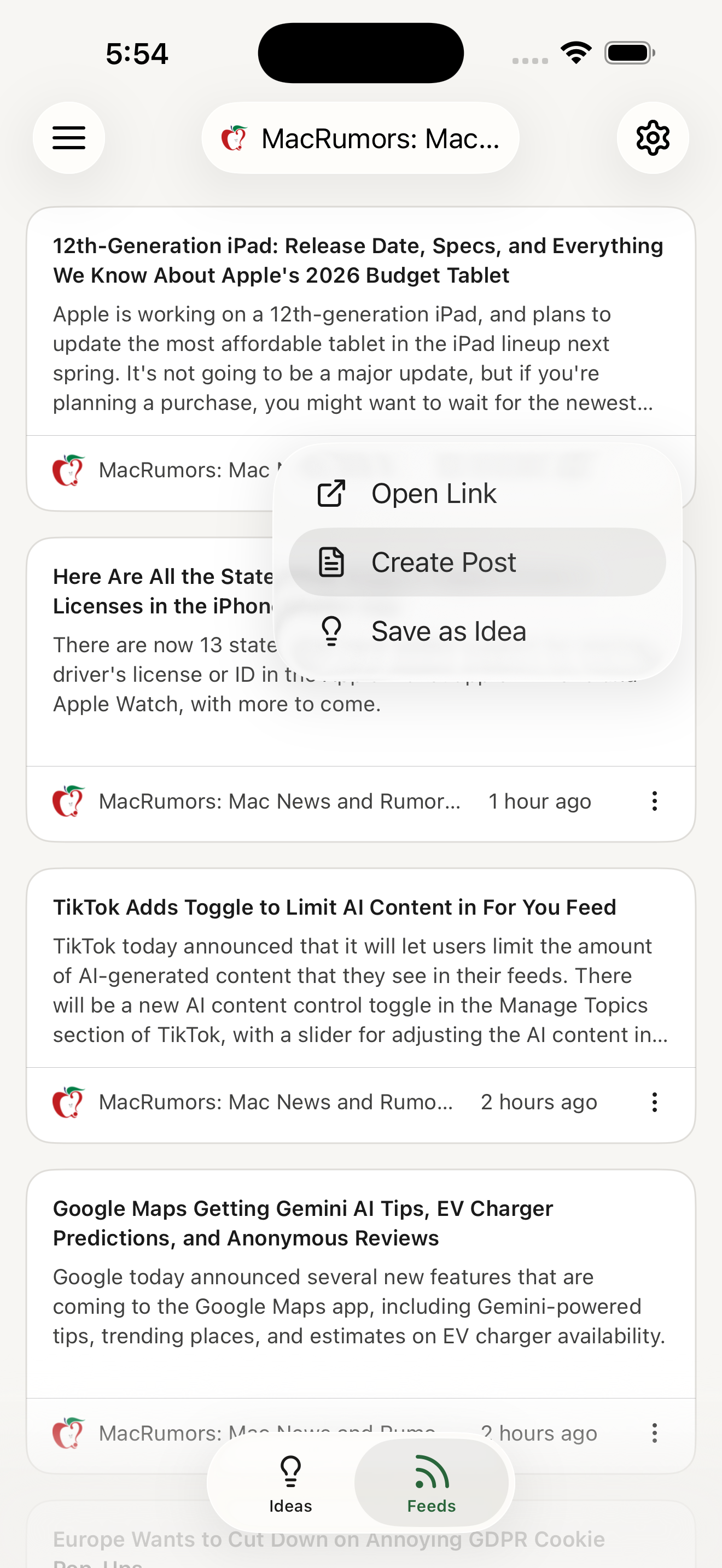 Buffer mobile app - Open Link, Create Post or Save as Idea options on a Feeds article
