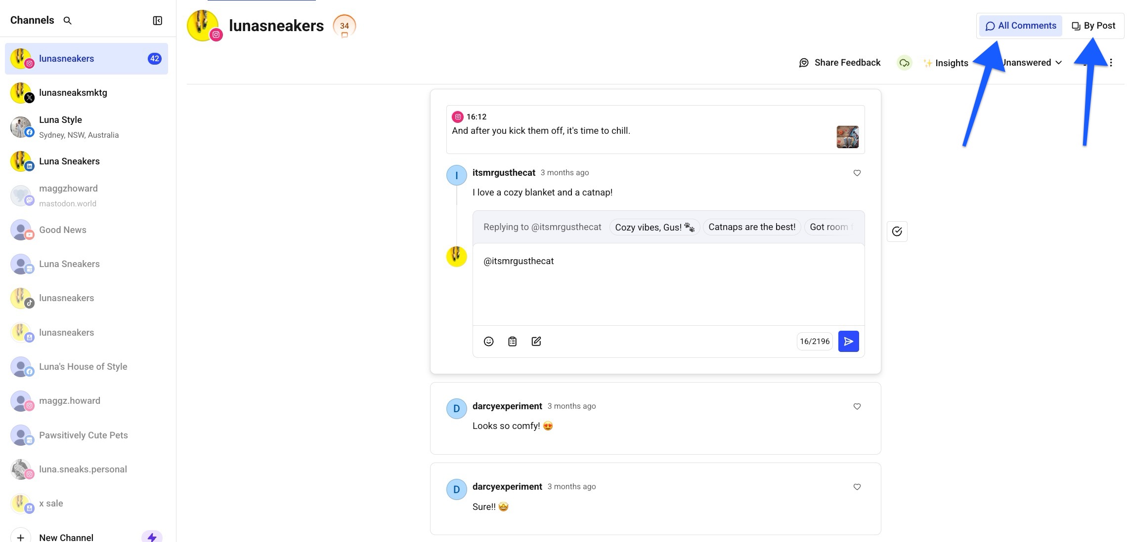 Buffer Community - arrows pointing to the All Comments and By Post filtering options