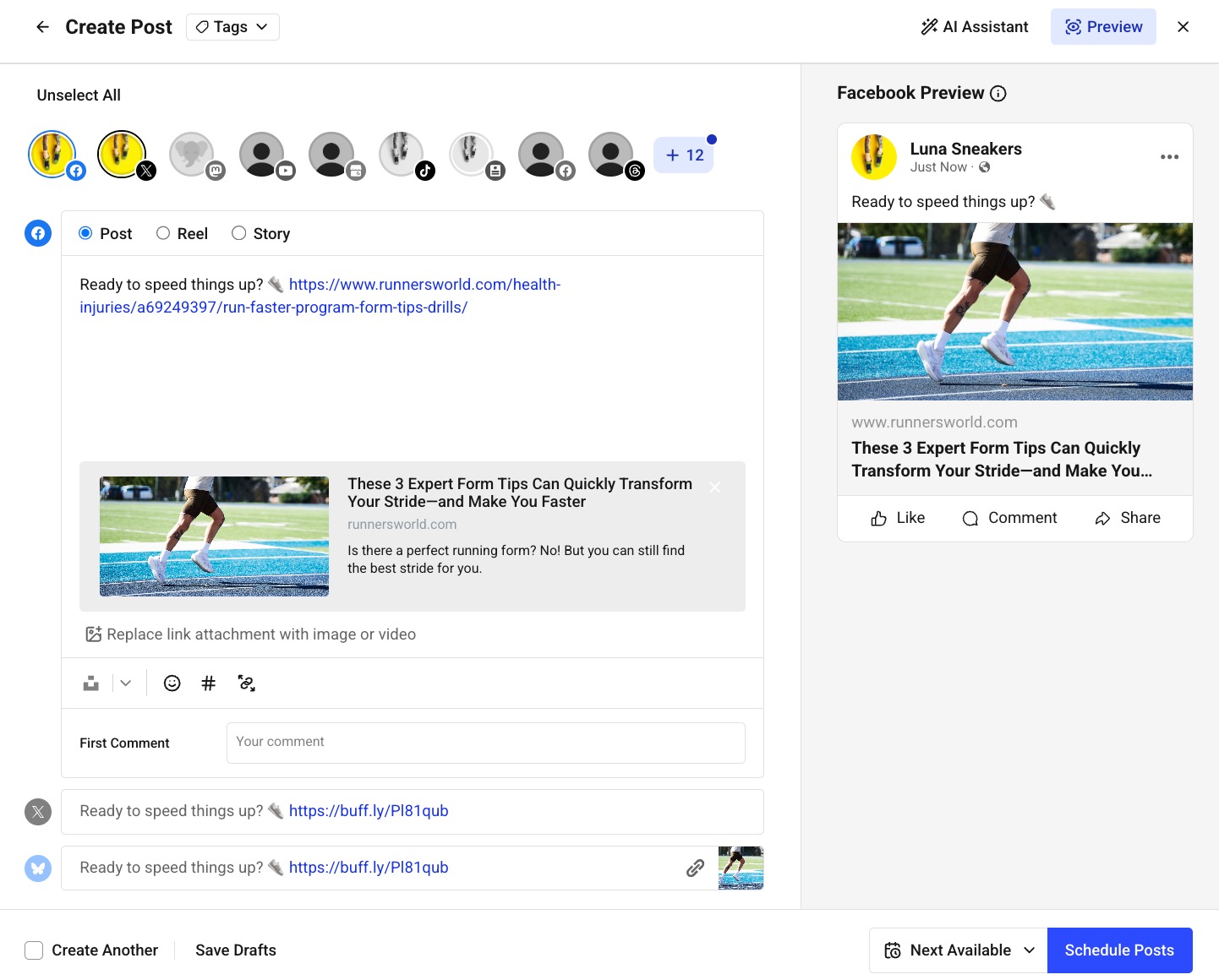 Buffer Publish - post preview for Facebook page