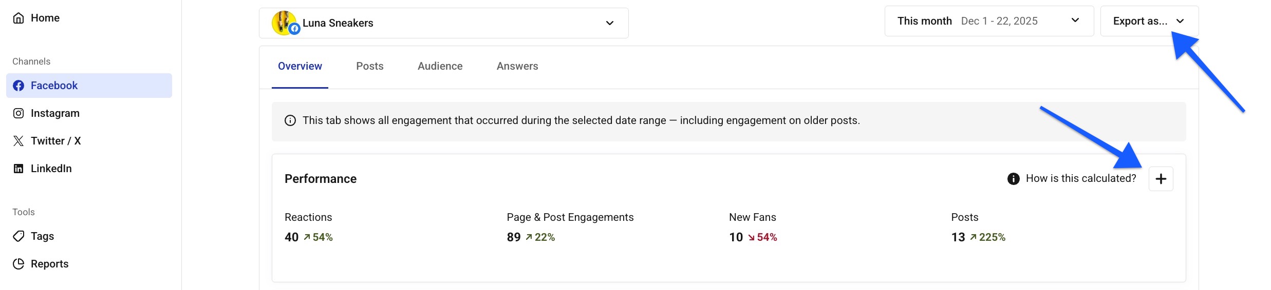 Buffer Analyze - Export as and + buttons in Facebook Overview screen