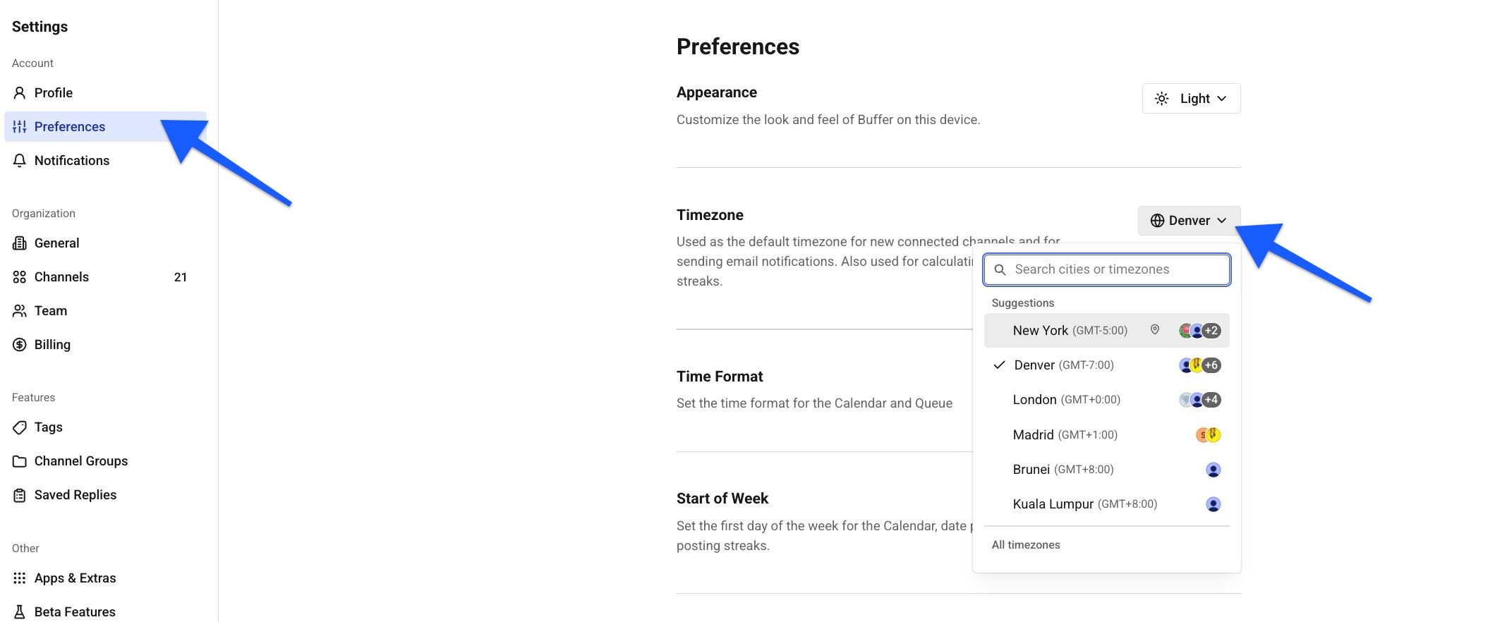 Buffer Account Settings - Preferences - Timezone dropdown menu
