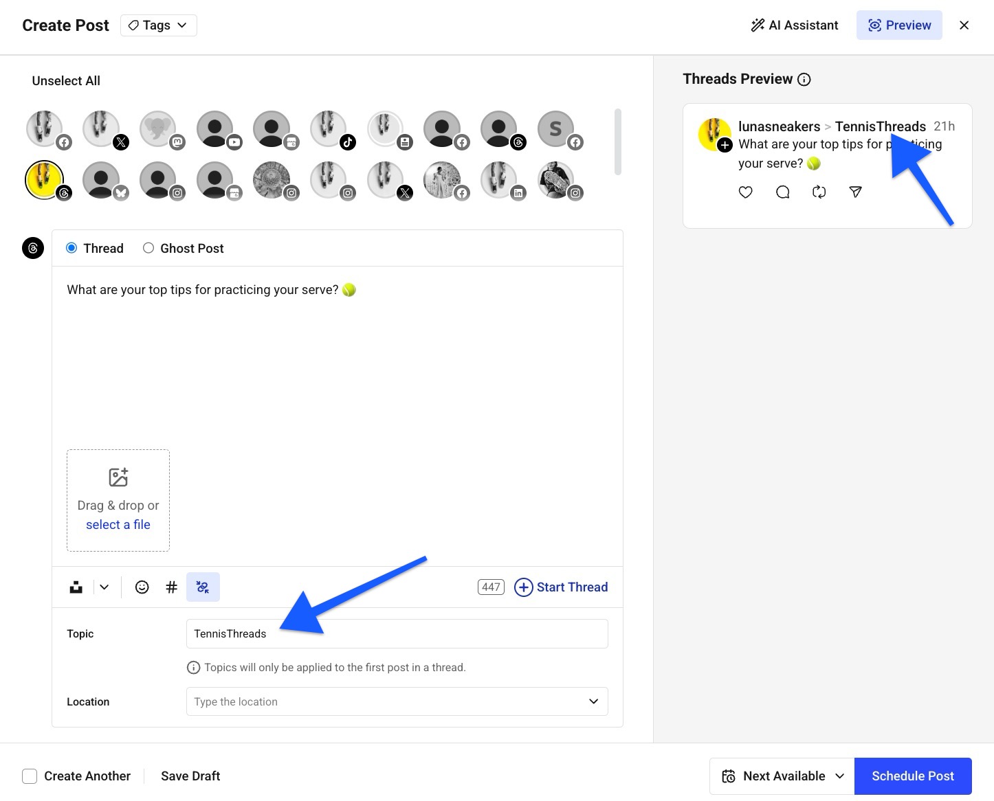 Buffer - Publish composer with arrows pointing to Threads Topic field