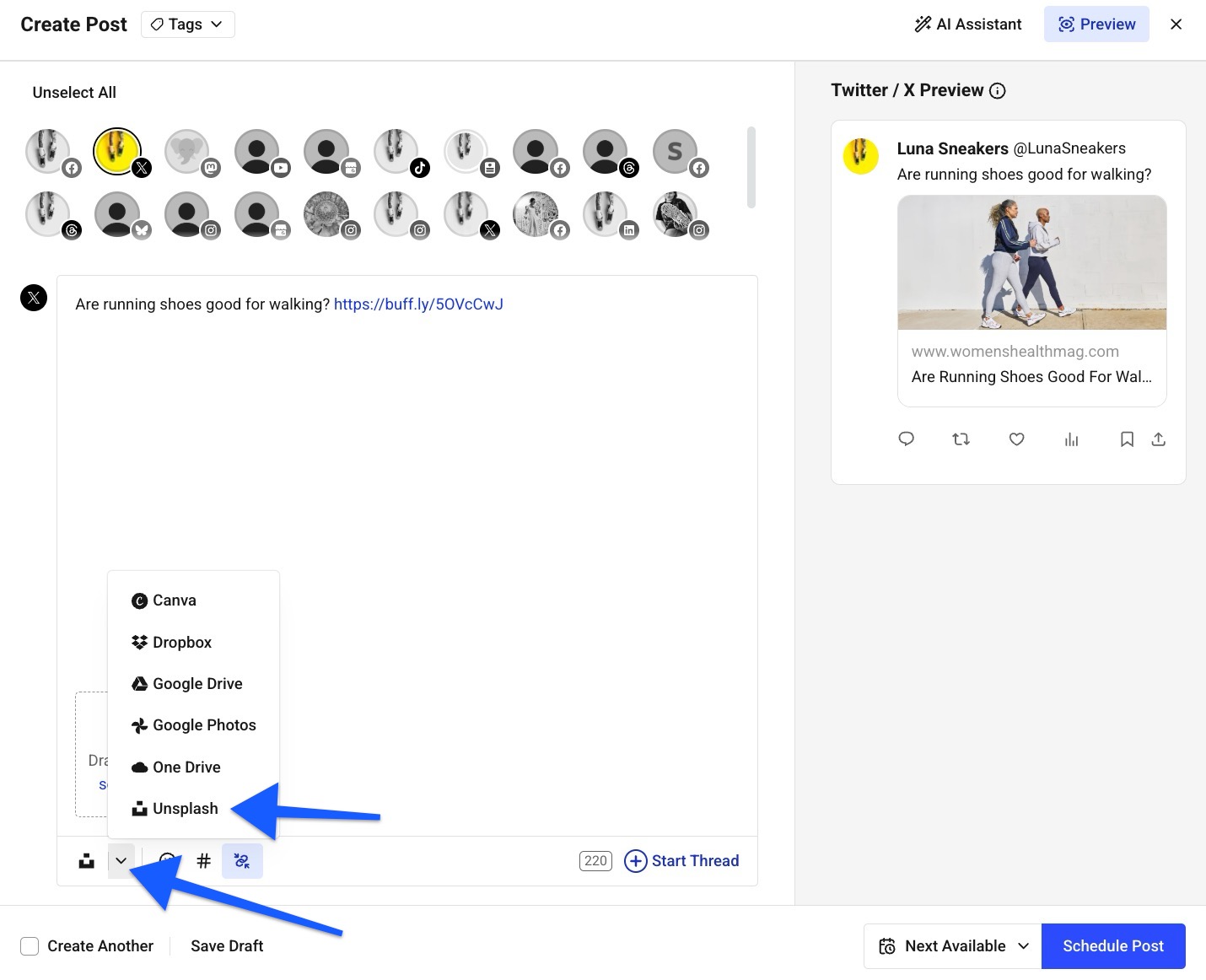 Buffer composer with arrows pointing to the integrations button and the Unsplash option