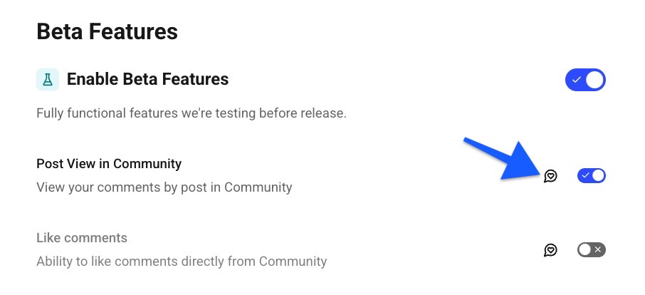 Buffer Beta features - arrow pointing to heart icon to share feedback with Buffer's team