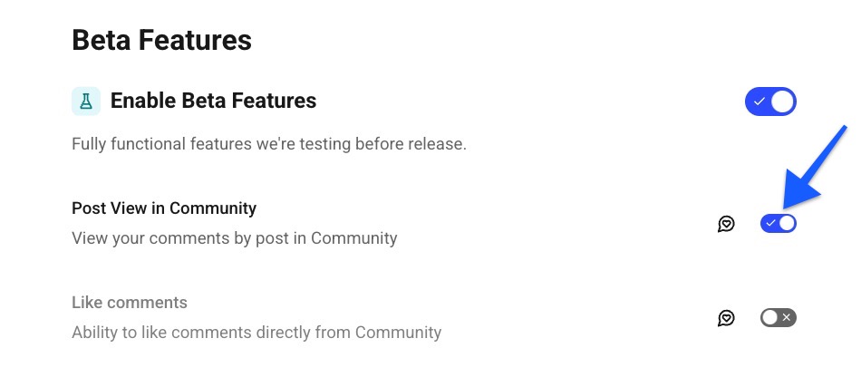 Buffer Beta Features - arrow pointing to toggle to enable/disable individual features