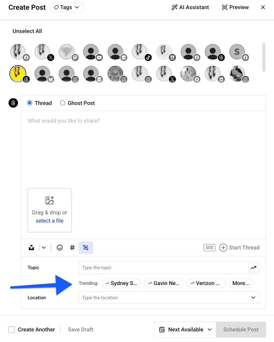 Buffer Publish composer with arrow pointing to Trending Topics for Threads post