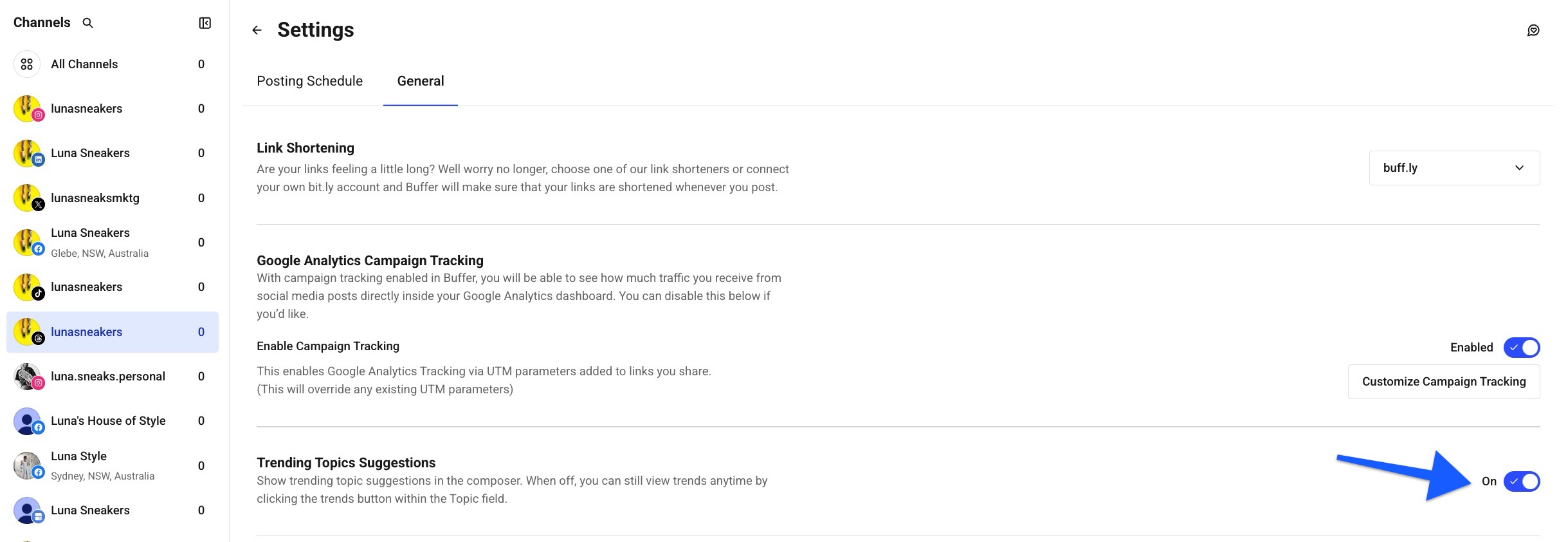 Buffer Publish - Threads channel settings with arrow pointing to Trending Topics Suggestions toggle