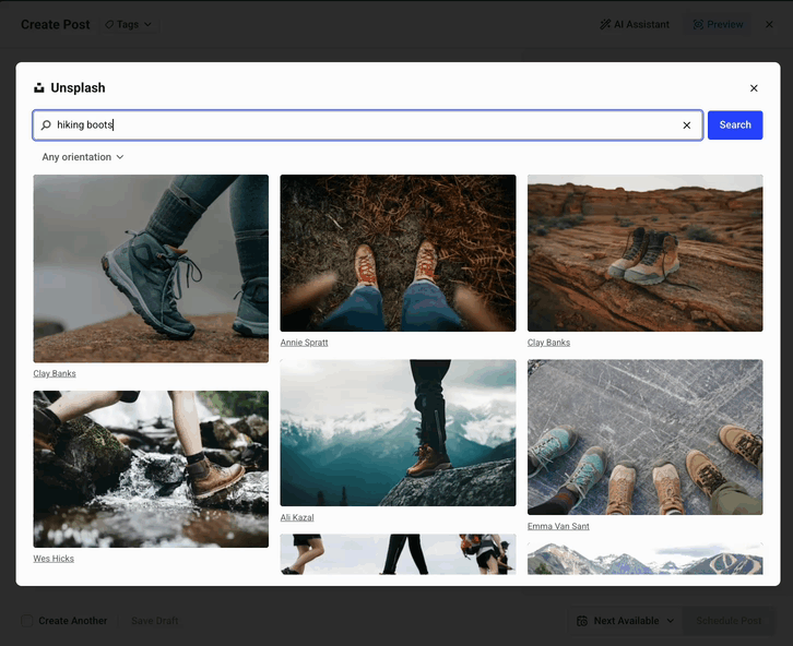 Buffer Publish composer - searching for an image of hiking boots in Unsplash and inserting into the post