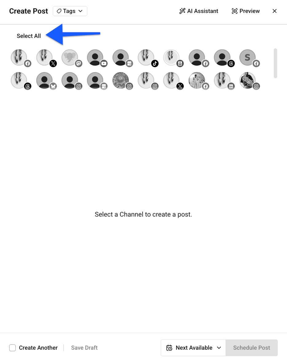 Buffer Publish composer with arrow pointing to Select All option
