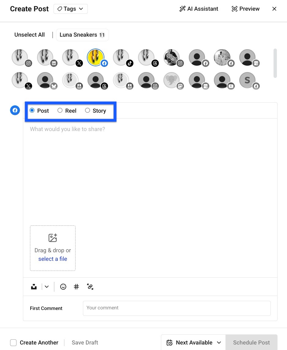 Buffer Publish composer showing the different Facebook post types