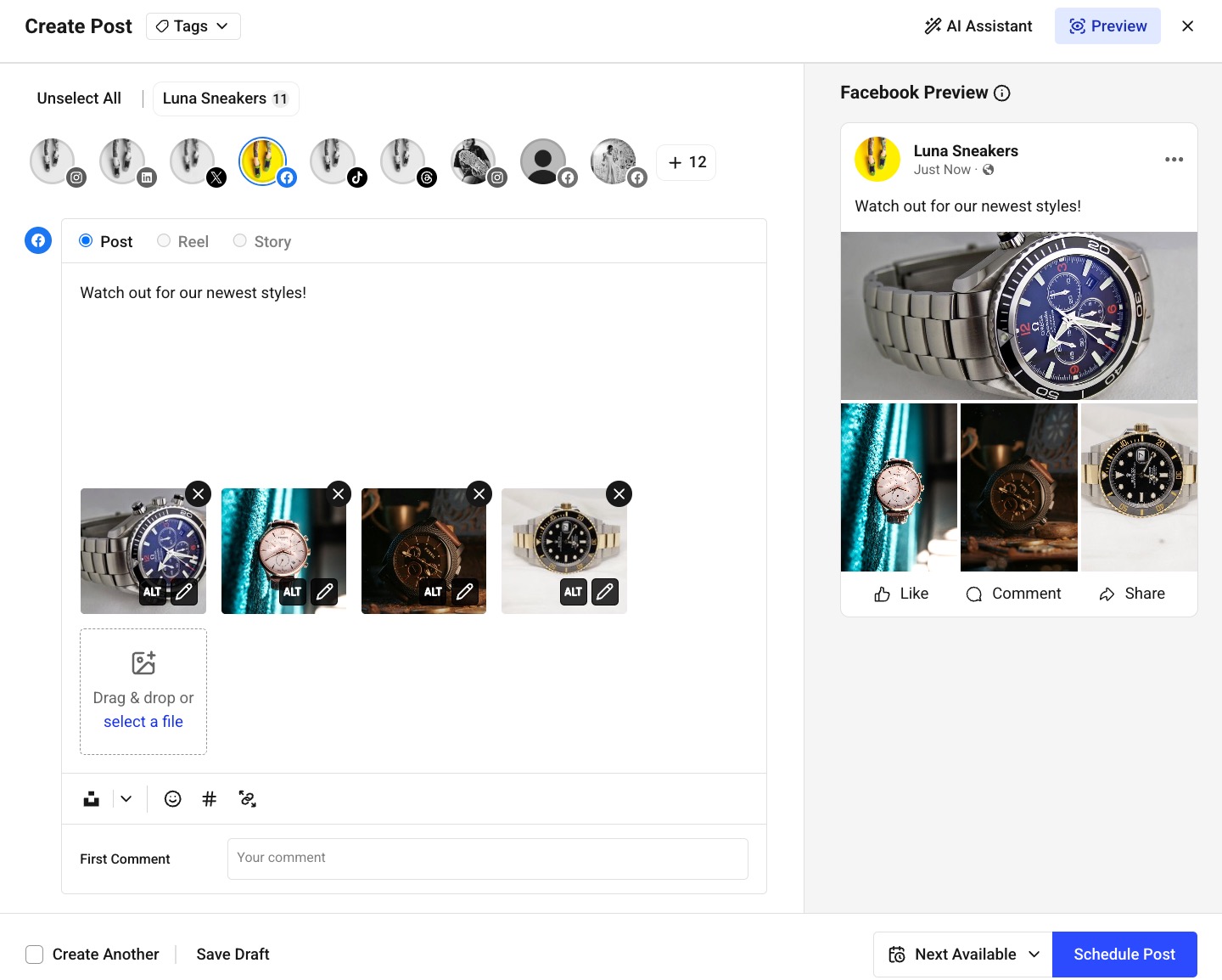 Buffer Publish composer with 4 images uploaded for a Facebook post and the preview window open on the right