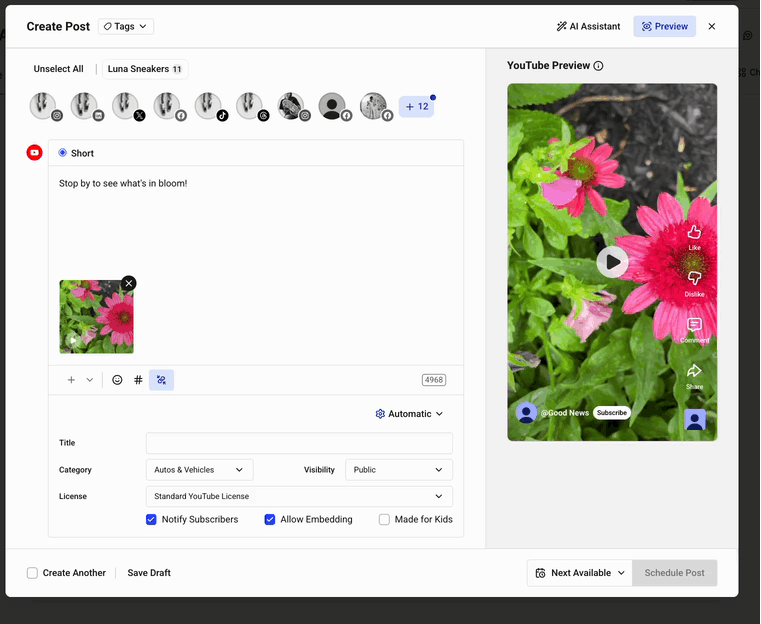 Buffer Publish composer - GIF of switching from Automatic to Notify me for a YouTube Short post