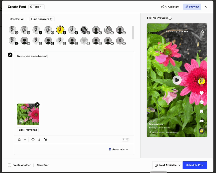 Buffer Publish composer - GIF of switching from Notify Me to Automatic for a TikTok post