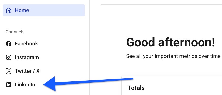 Buffer Analyze - arrow pointing to LinkedIn in the left menu of the Home screen