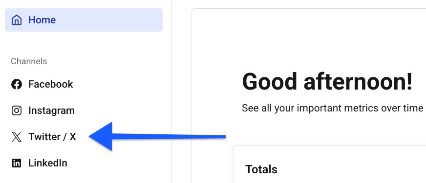 Buffer Analyze - arrow pointing to X/Twitter on the left menu of the Home screen