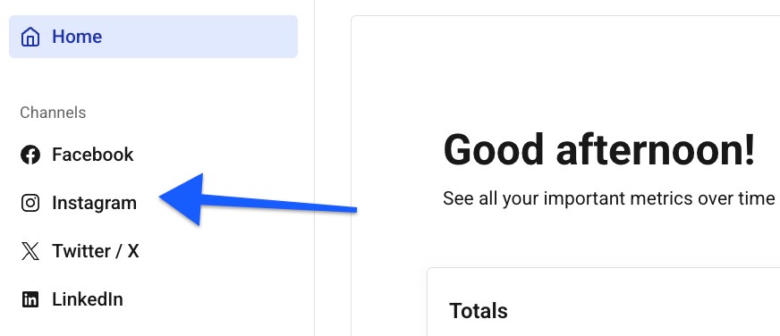 Buffer Analyze - arrow pointing to Instagram in the left menu of the Home screen