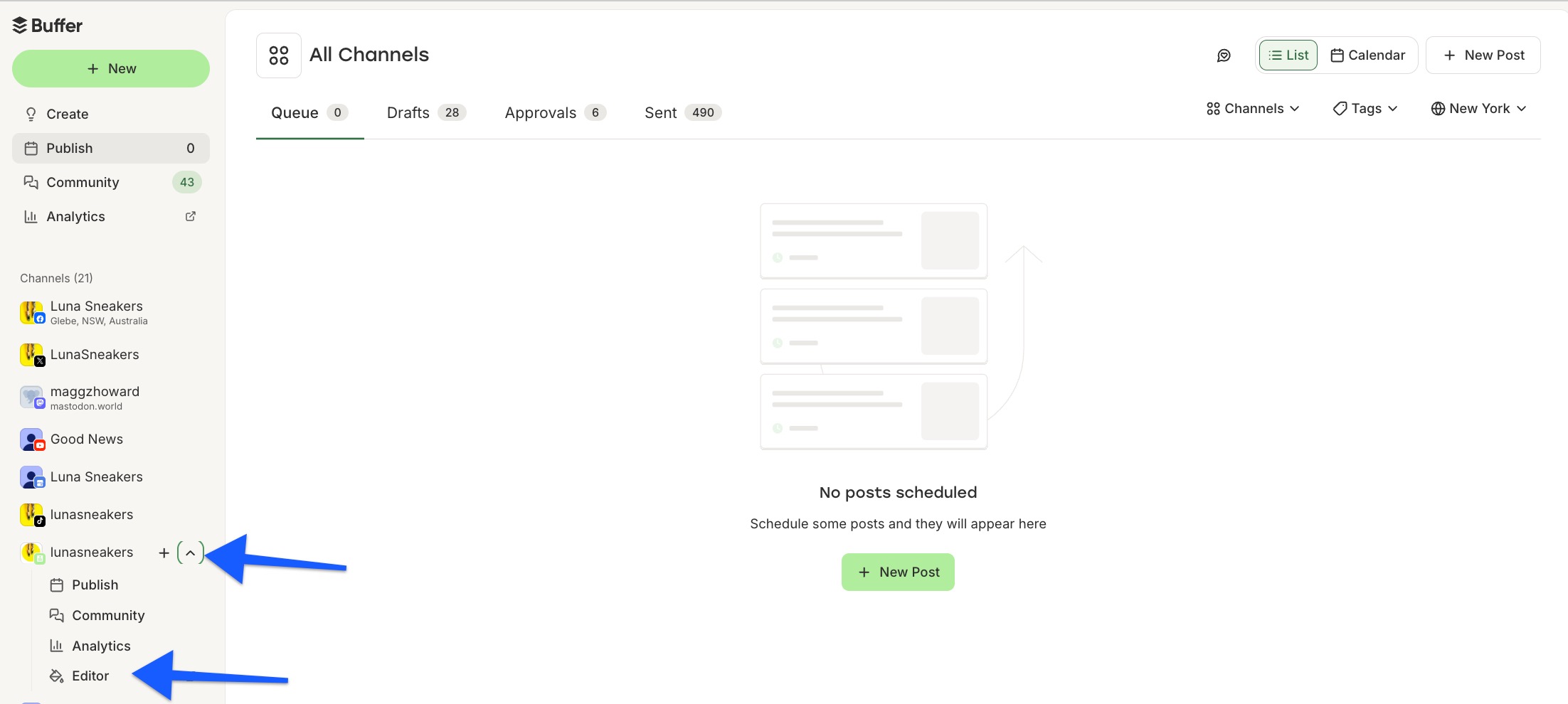 Buffer's new dashboard with arrows pointing to Start Page dropdown menu and Start Page editor