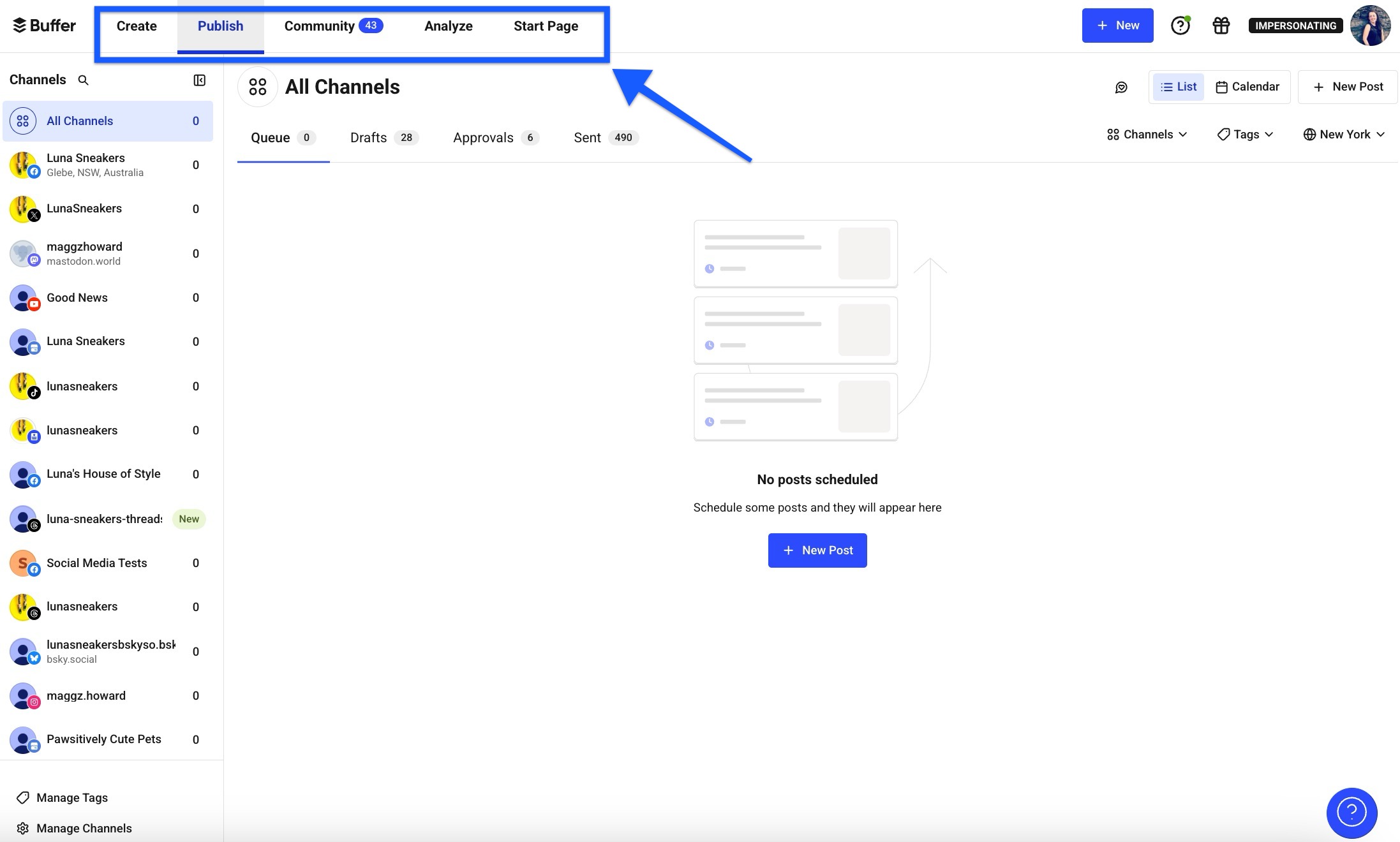 Buffer's classic dashboard with an arrow pointing to the toolbar at the top of the screen