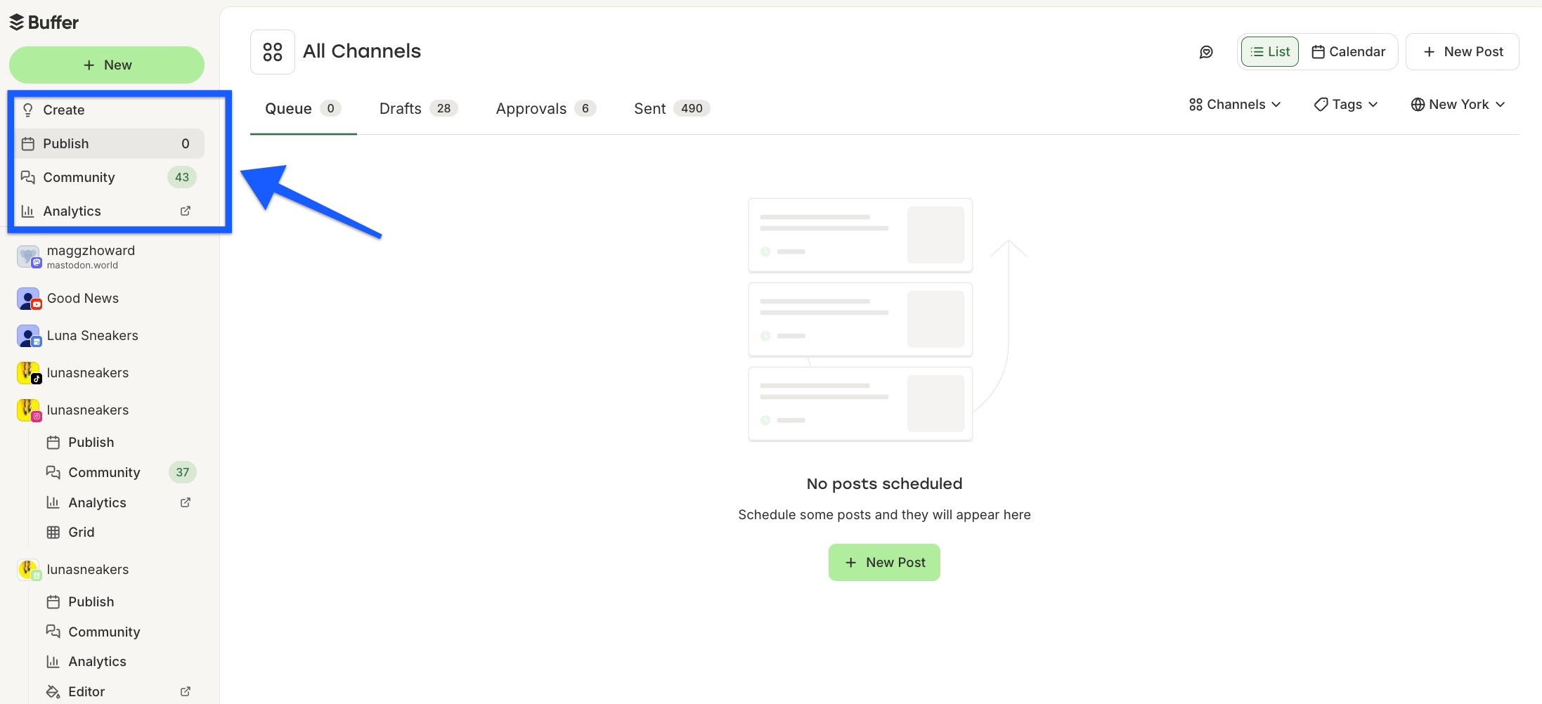 Buffer's new dashboard with an arrow pointing to the Create, Publish, Community and Analytics options on the left menu