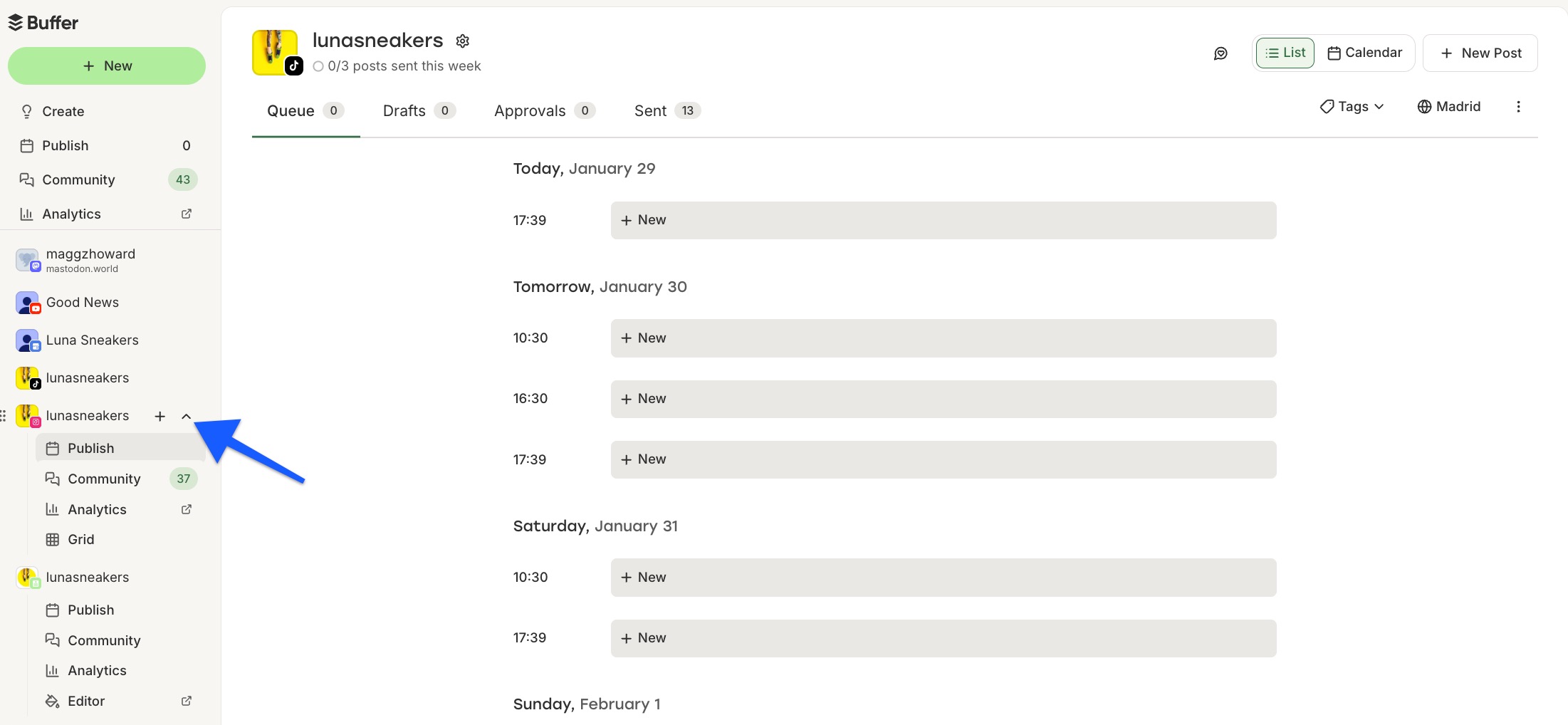 Buffer's new dashboard with arrow pointing to dropdown icon to toggle between tools