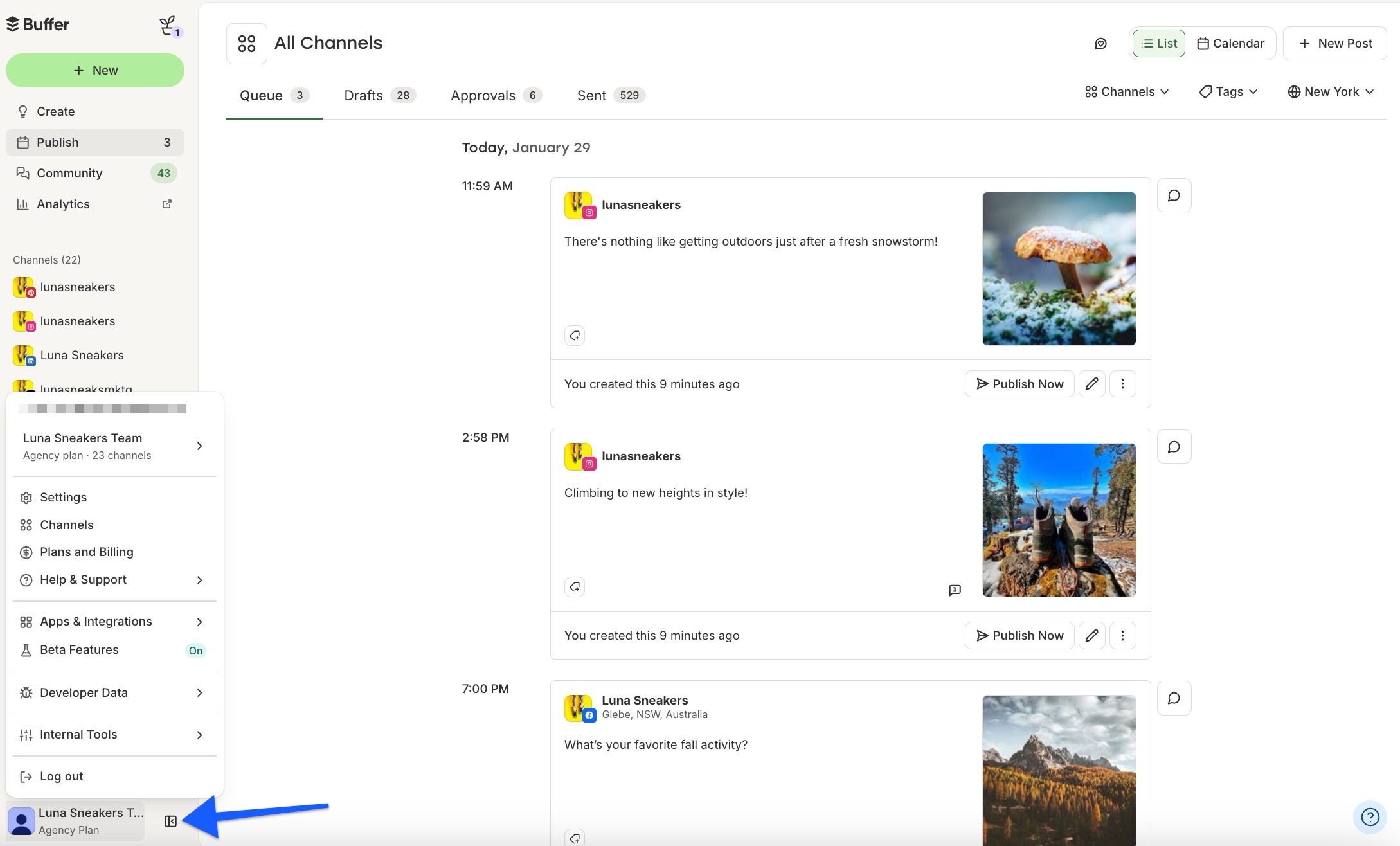Buffer's new dashboard - arrow pointing to account settings menu