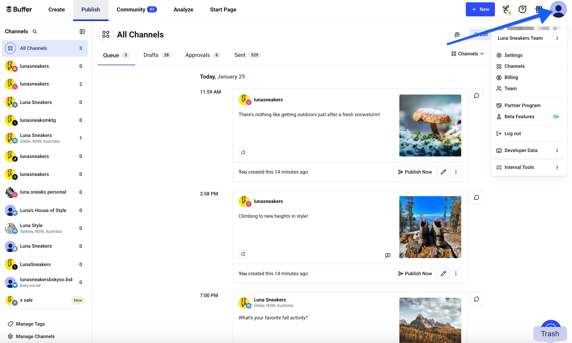 Buffer's classic dashboard with an arrow pointing to the profile avatar in the upper right corner of the dashboard