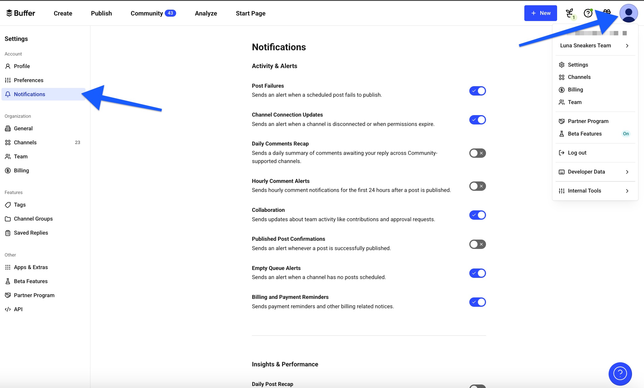 Buffer Account Settings with arrows pointing to profile icon in upper right corner of the dashboard and Notifications