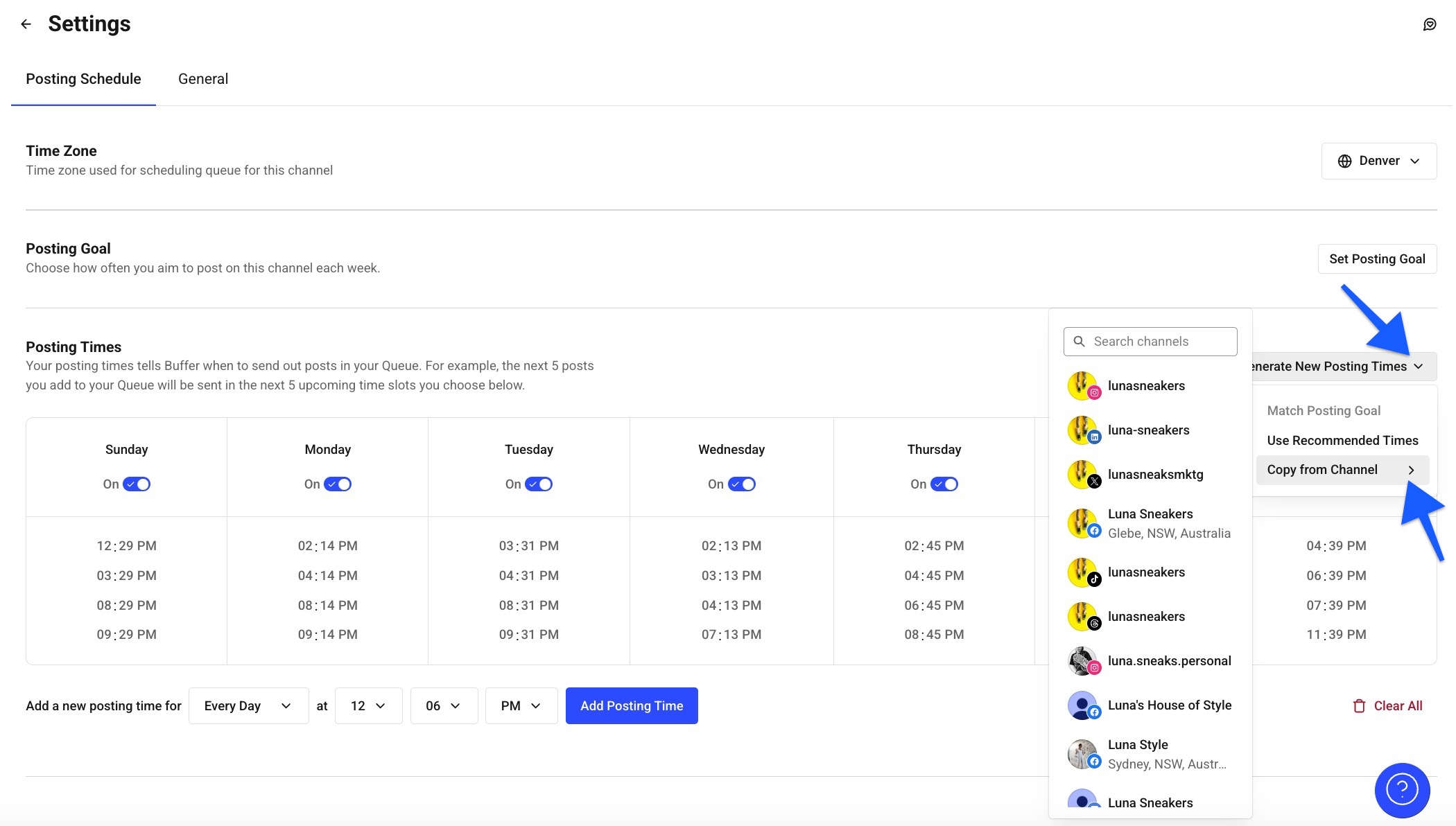 Buffer Publish - posting schedule options showing the process to copy posting schedule from another channel