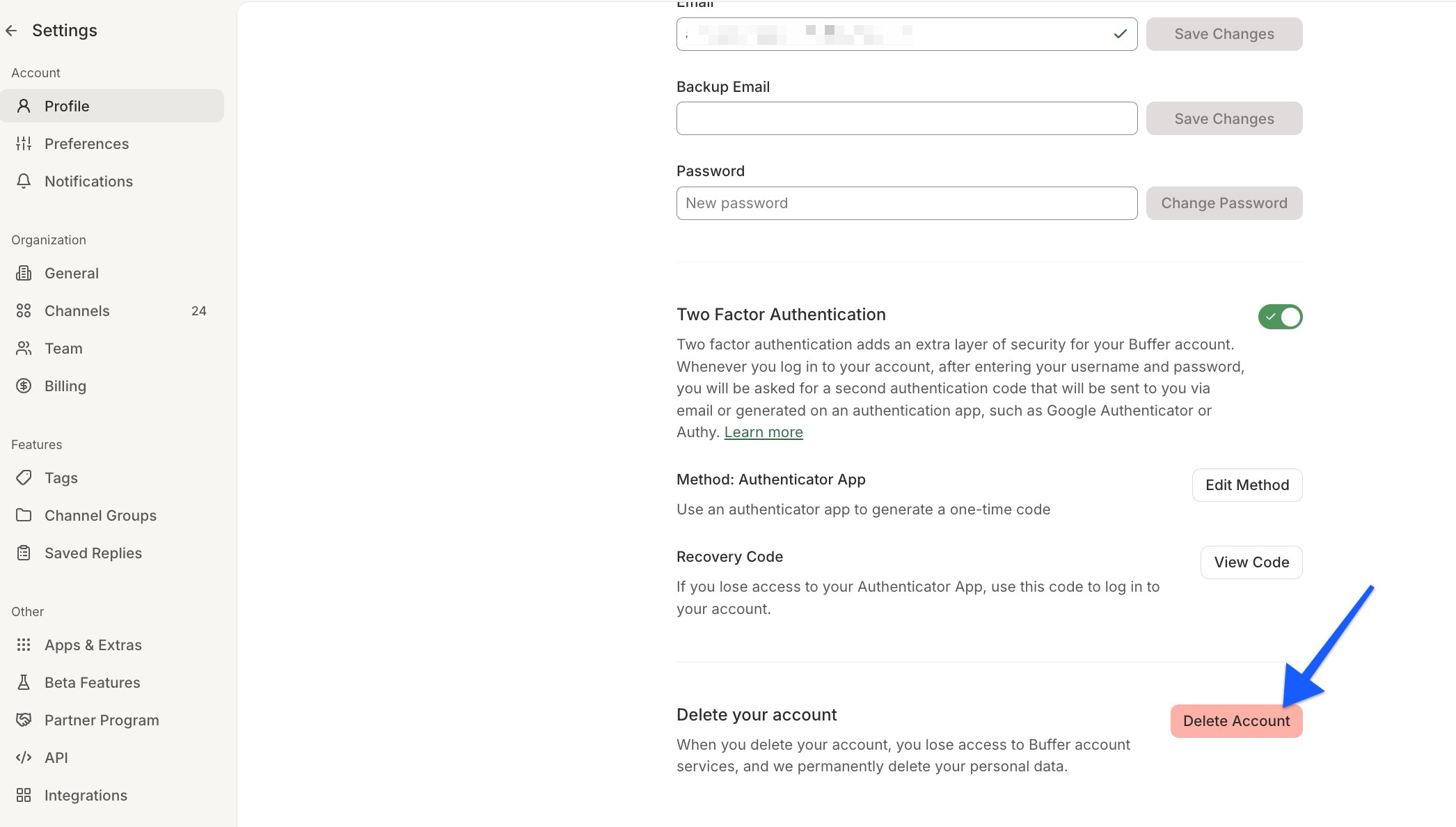 Buffer Account settings - Delete Account button