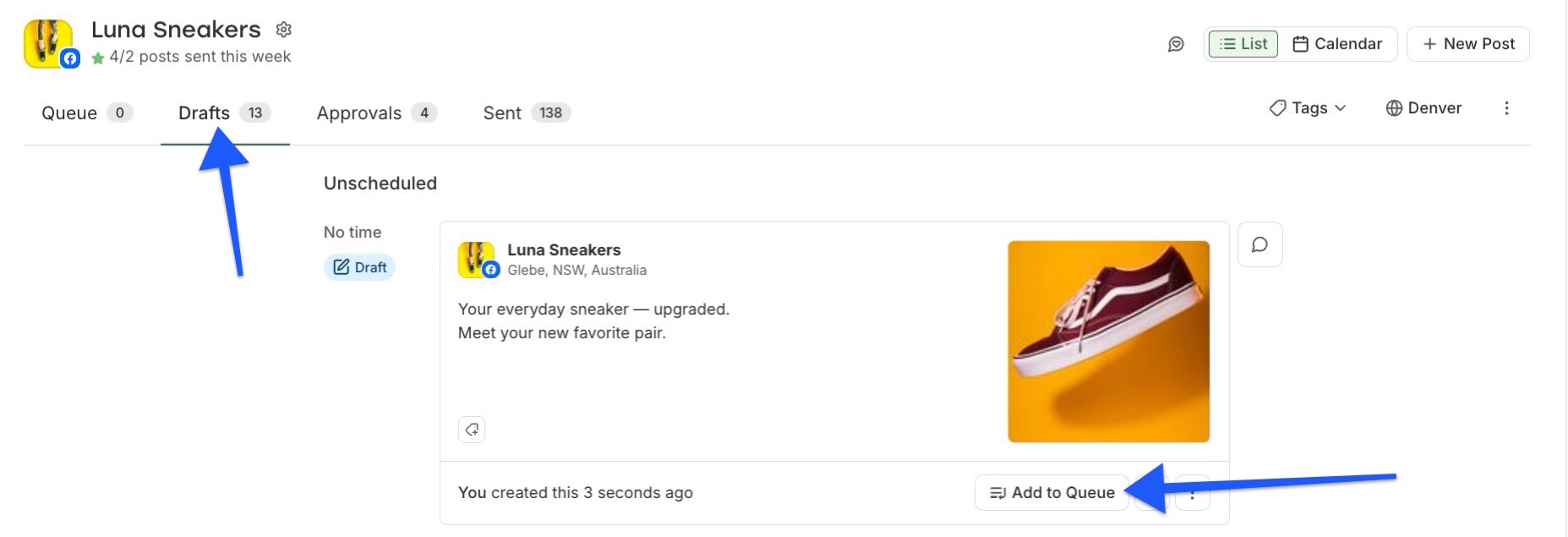 Buffer Drafts queue with arrow pointing to Add to Queue on draft