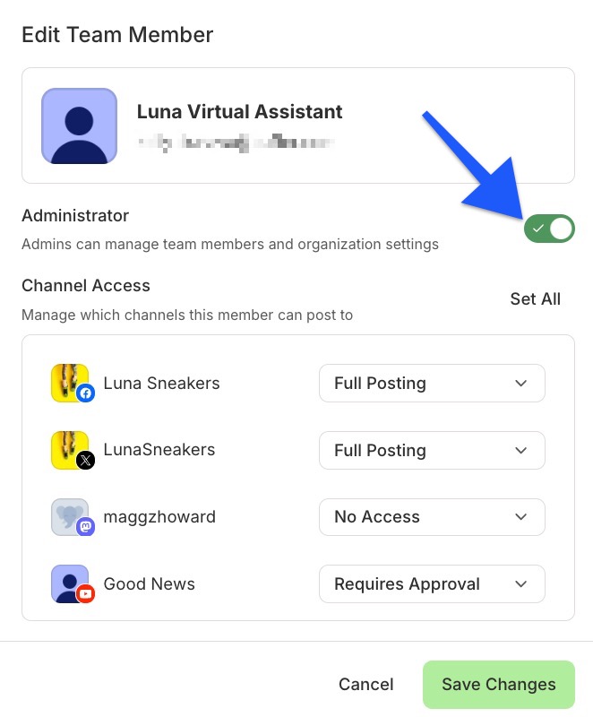 Buffer - Edit Team Member options - arrow pointing to Administrator toggle