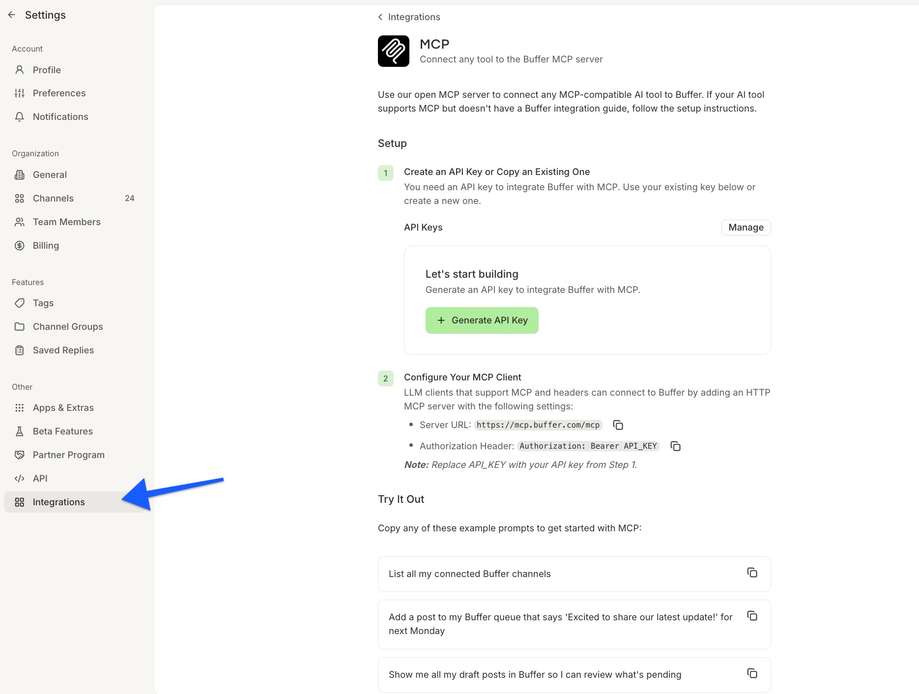 Buffer Integrations Settings 